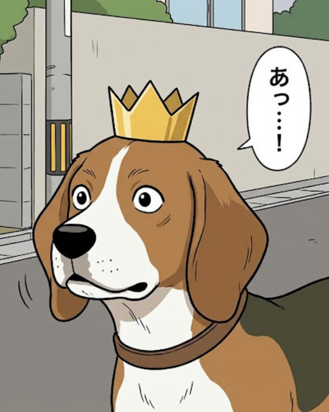 散歩中に何かに気づき、目を見開いて驚いた表情を見せるボスのアップ