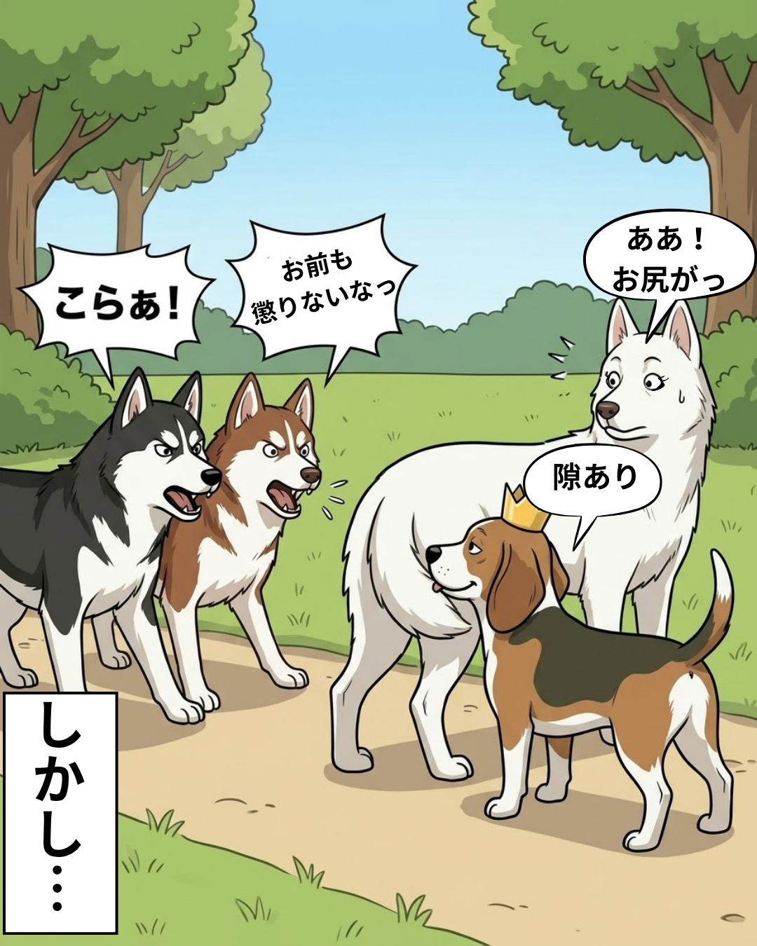 白いハスキーのお尻に鼻を近づけてイタズラをし、ハスキーたちに怒鳴られるボス