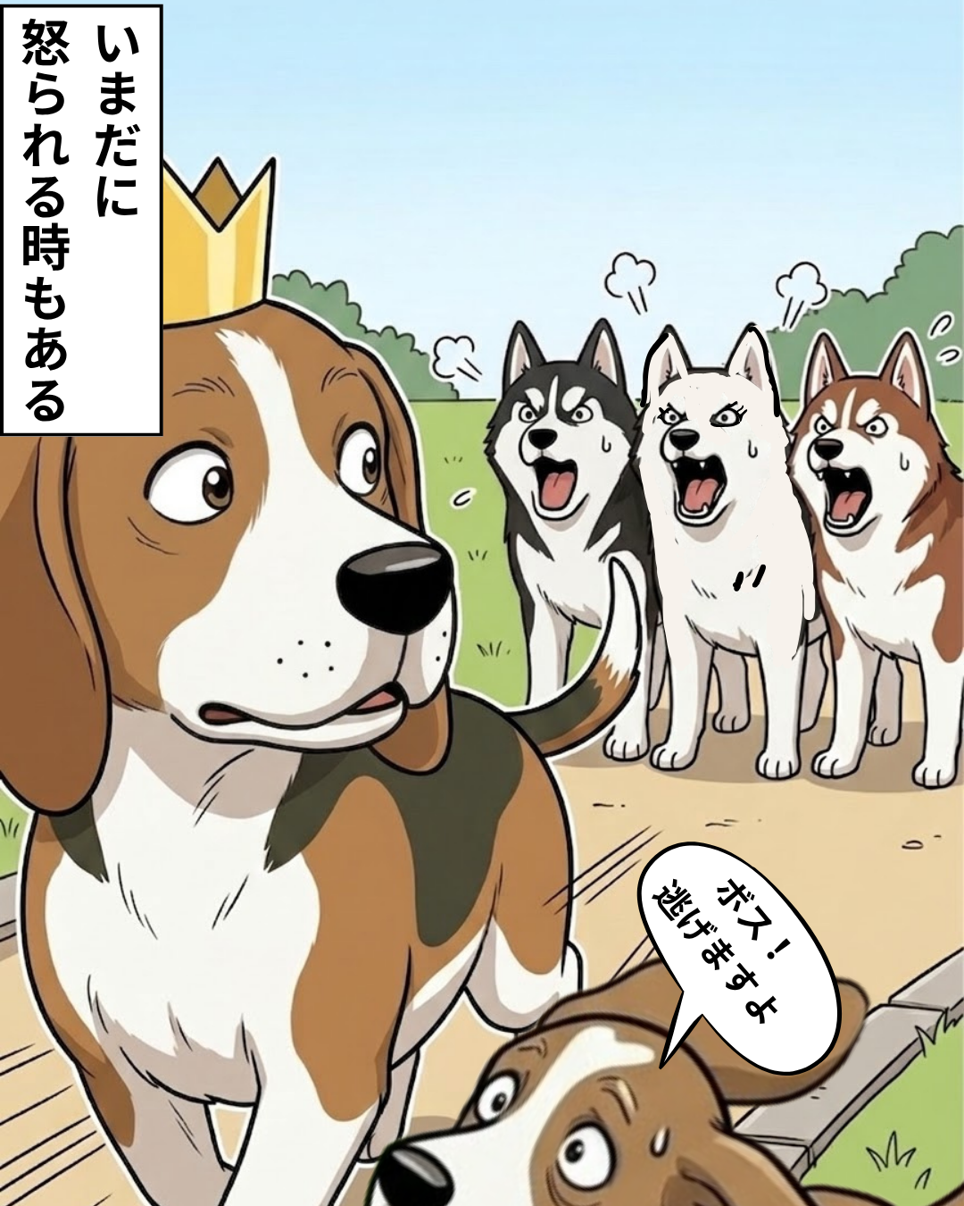 怒ったハスキーたちから慌てて逃げようとするボスと、逃走を促すヒラの姿