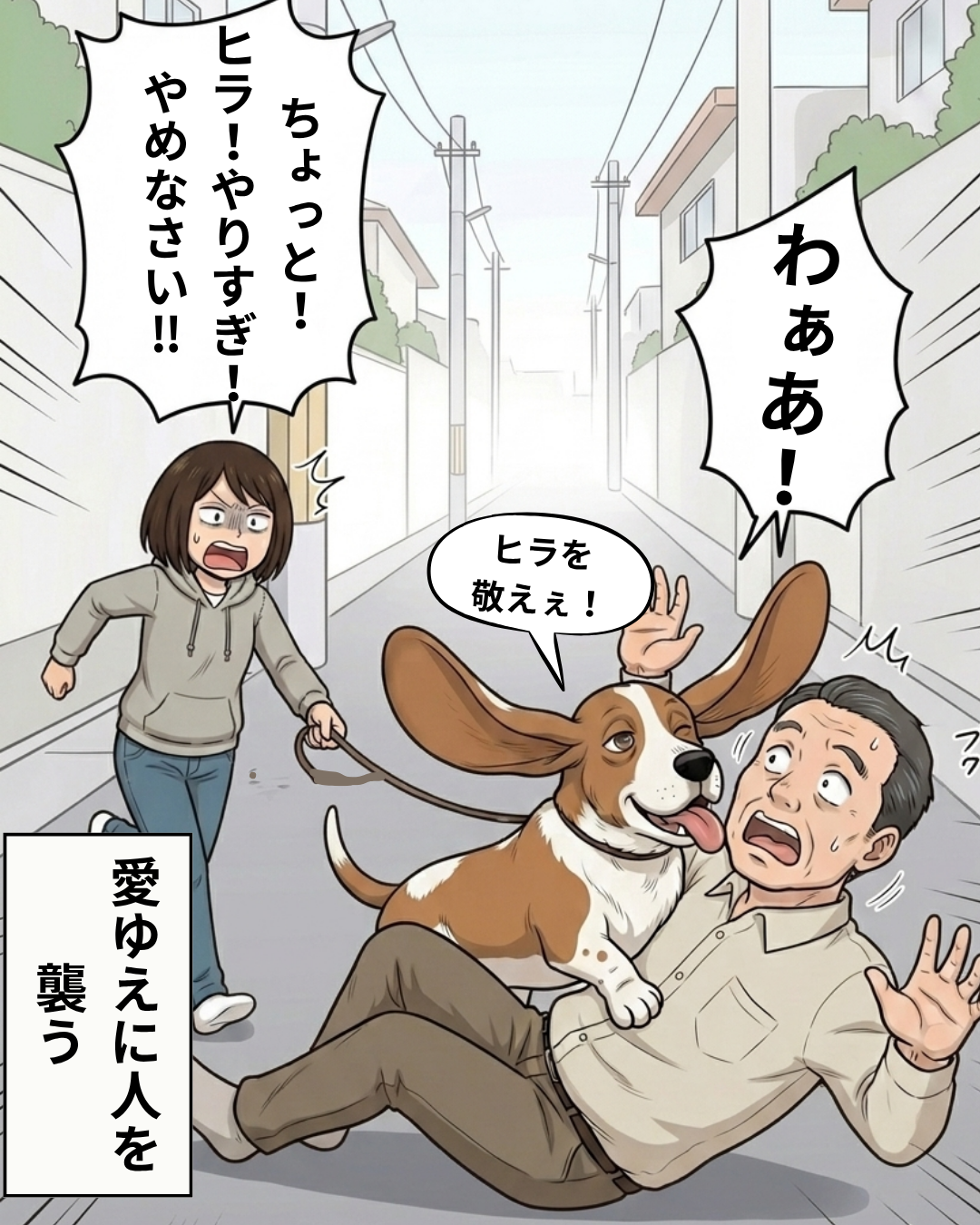 勢い余っておじさんに飛びかかり、おじさんを押し倒してしまったヒラの騒動シーン