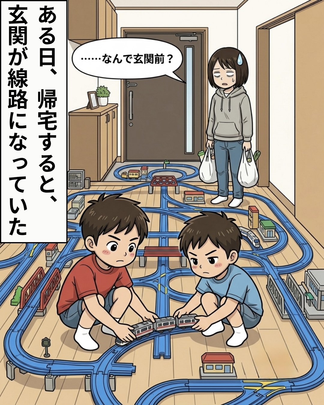 玄関前に広げられた大量のプラレールの線路で遊ぶ子供たちと、それを見て驚くママのイラスト