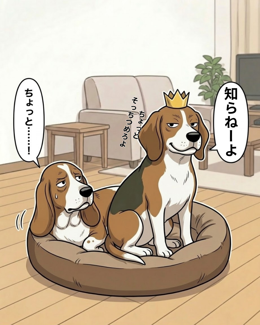 ヒラのベッドに無理やり座り込み「知らねーよ」と言うボスのイラスト