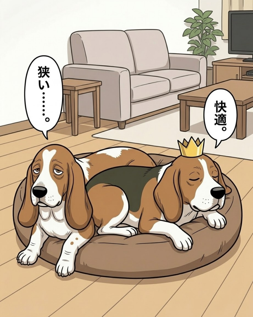 ベッドを占領して快適そうなボスと、端で狭そうにしているヒラのイラスト